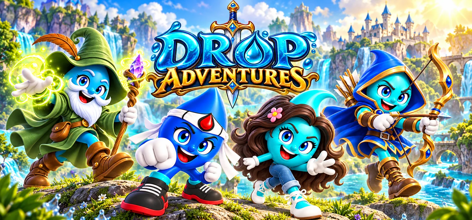 DropBoy, DropGirl, el Mago y la Arquera junto al logo de Drop Adventures